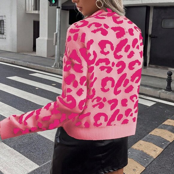 Multicolor Casual Women's Leopard Print Crew Neck Long Sleeve Pullover Sweater - Picture 2 of 6